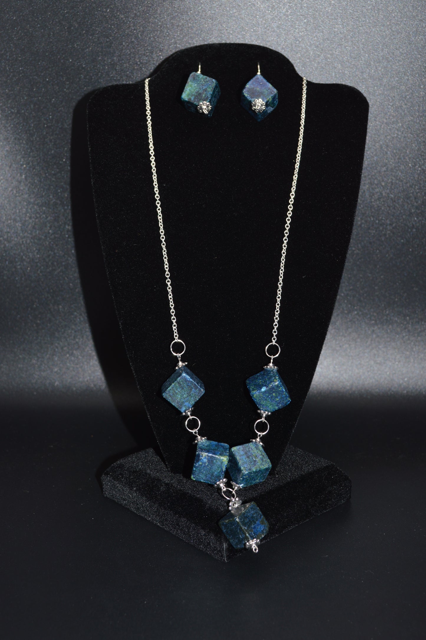 Blue Green Serpentine and Quartz Necklace and Earring Set (1 drop)