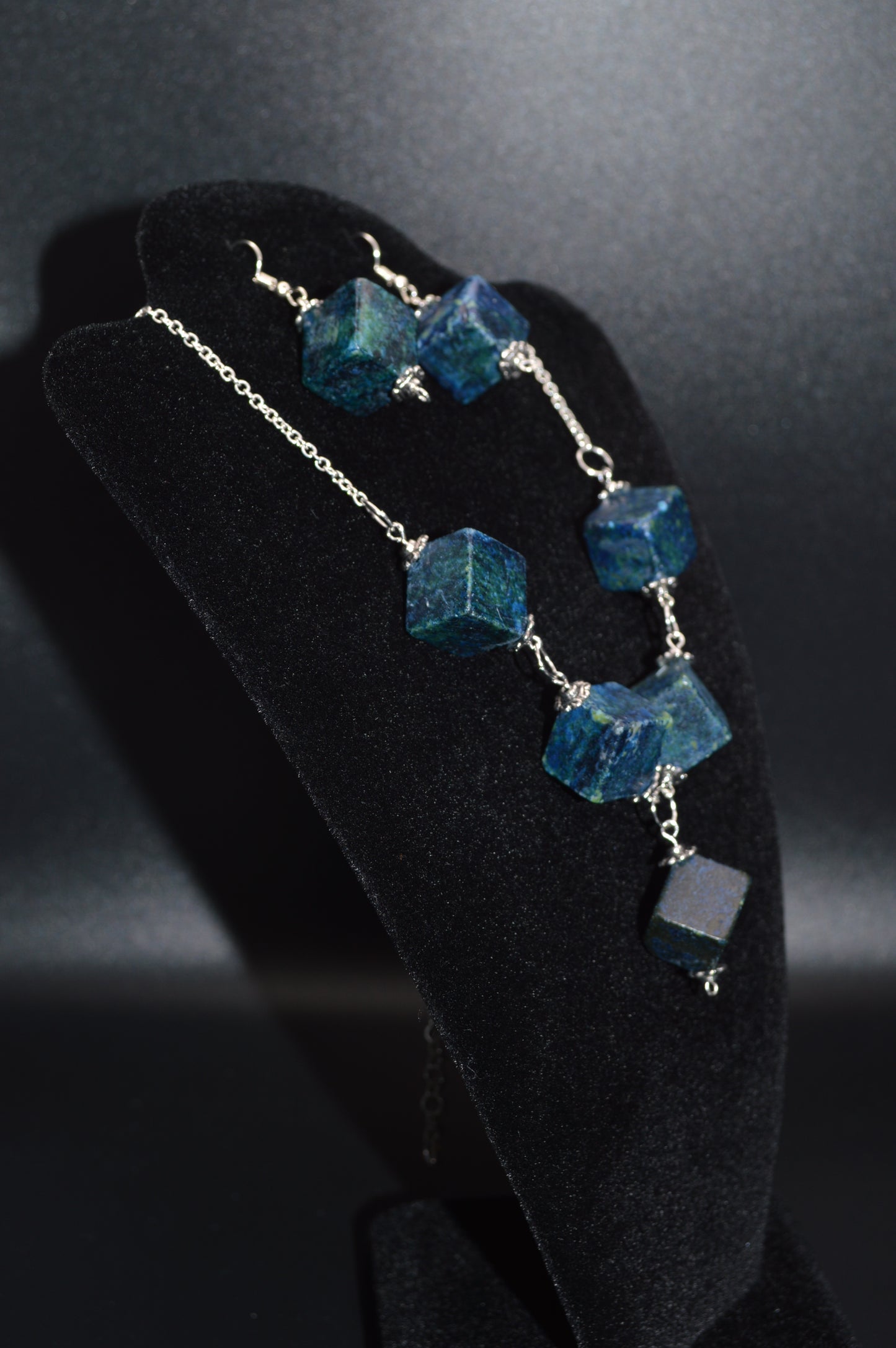Blue Green Serpentine and Quartz Necklace and Earring Set (1 drop)