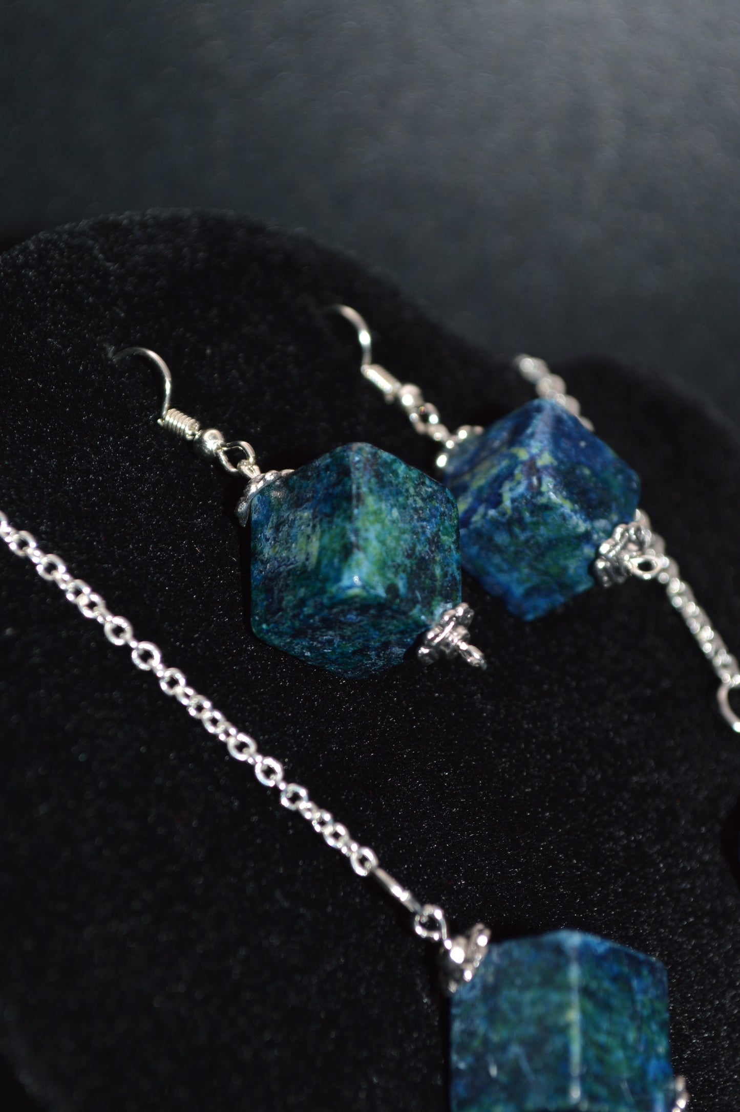 Blue Green Serpentine and Quartz Necklace and Earring Set (1 drop)