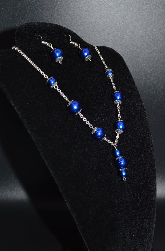 Glass Beaded Necklace and Earring Set (Royal Blue)