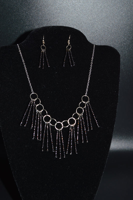 Glass Beaded Tassel Necklace and Earring Set (Black)