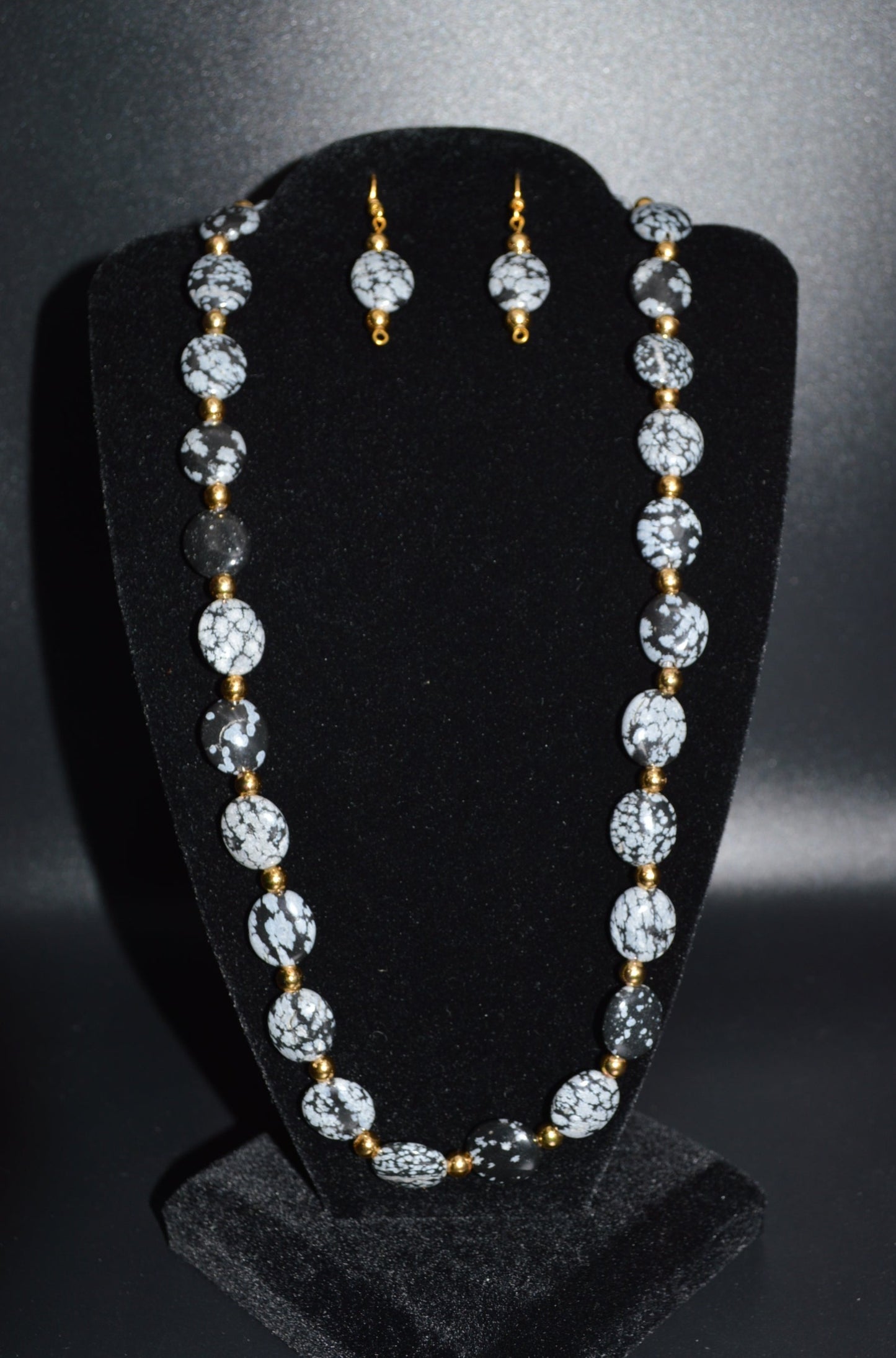 Snowflake Obsidian Beaded Necklace and Earring Set