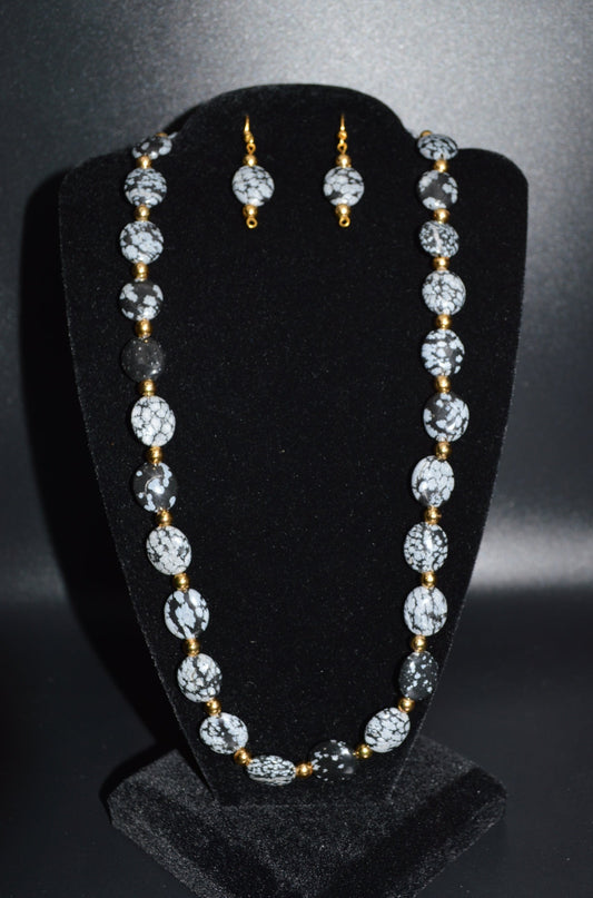 Snowflake Obsidian Beaded Necklace and Earring Set