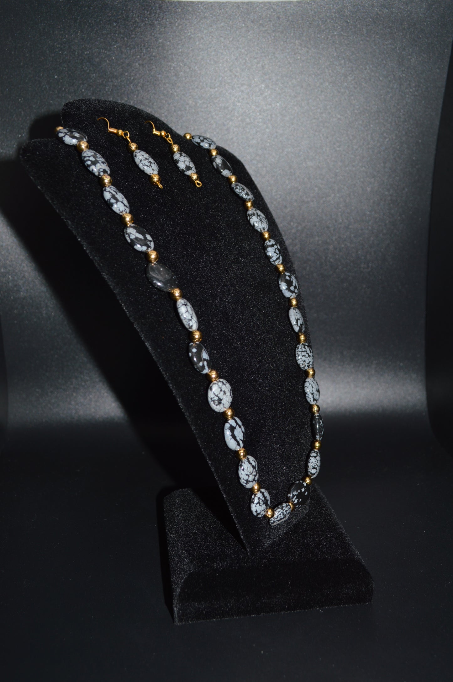 Snowflake Obsidian Beaded Necklace and Earring Set