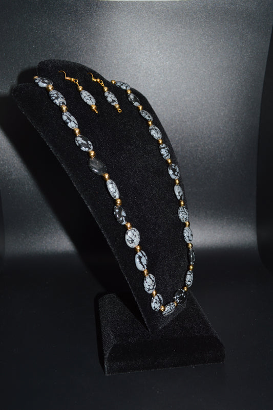 Snowflake Obsidian Beaded Necklace and Earring Set