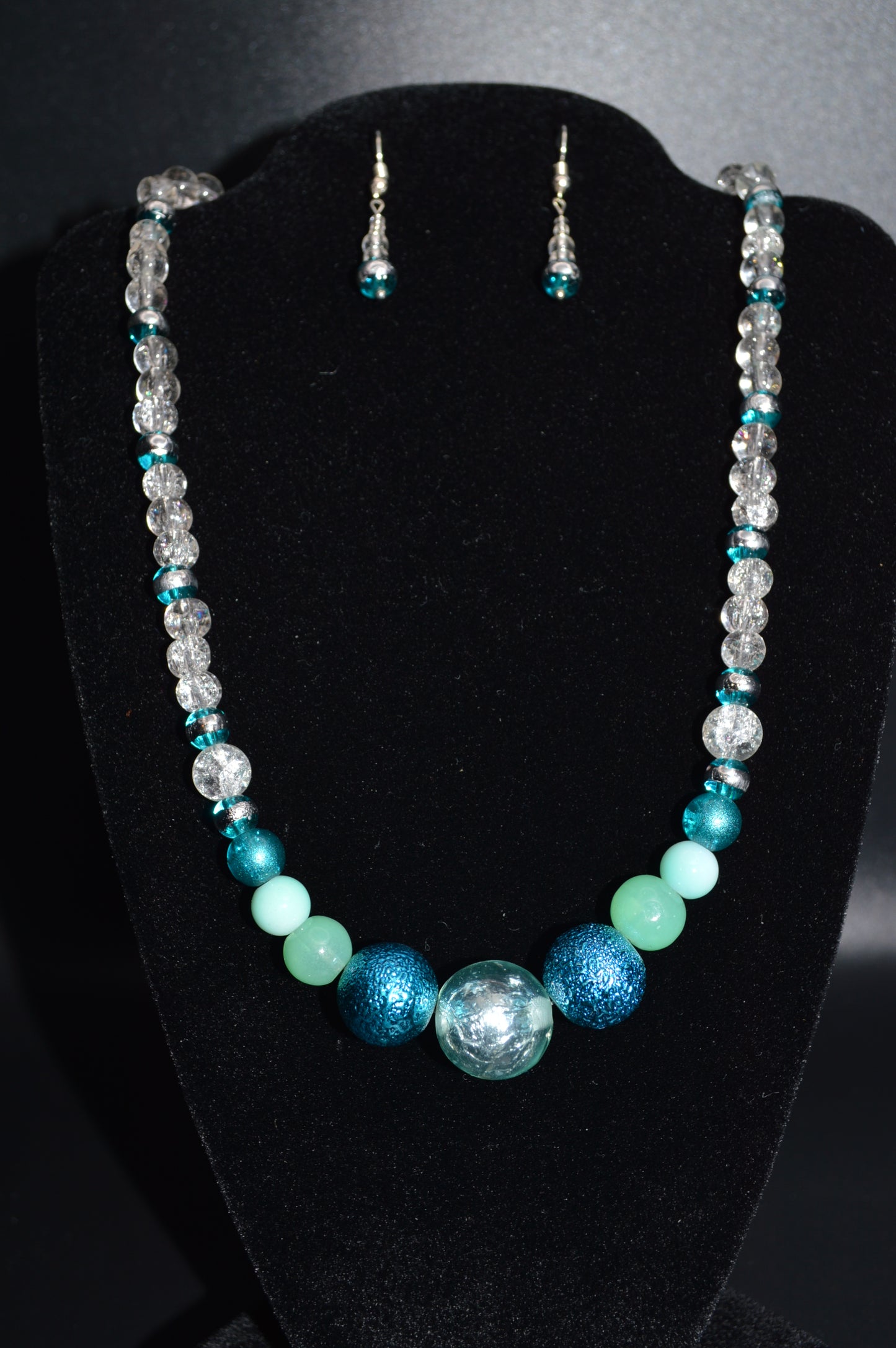 Shades of Blue Crackled Glass Beaded Necklace and Earring Set