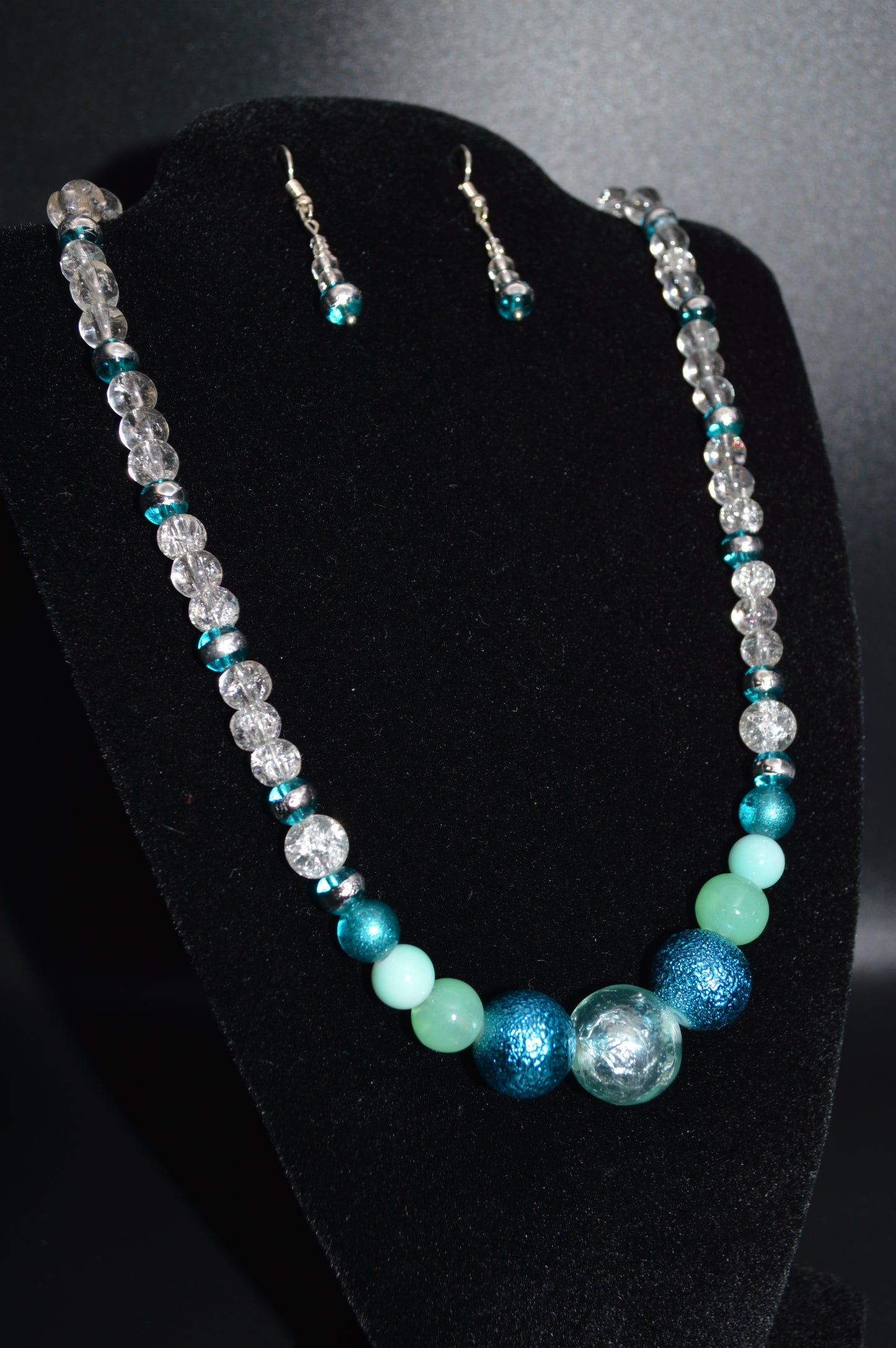Shades of Blue Crackled Glass Beaded Necklace and Earring Set