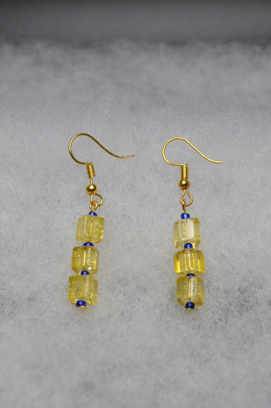 Yellow Crackled Glass Earrings with Blue Seed Beads (Long)