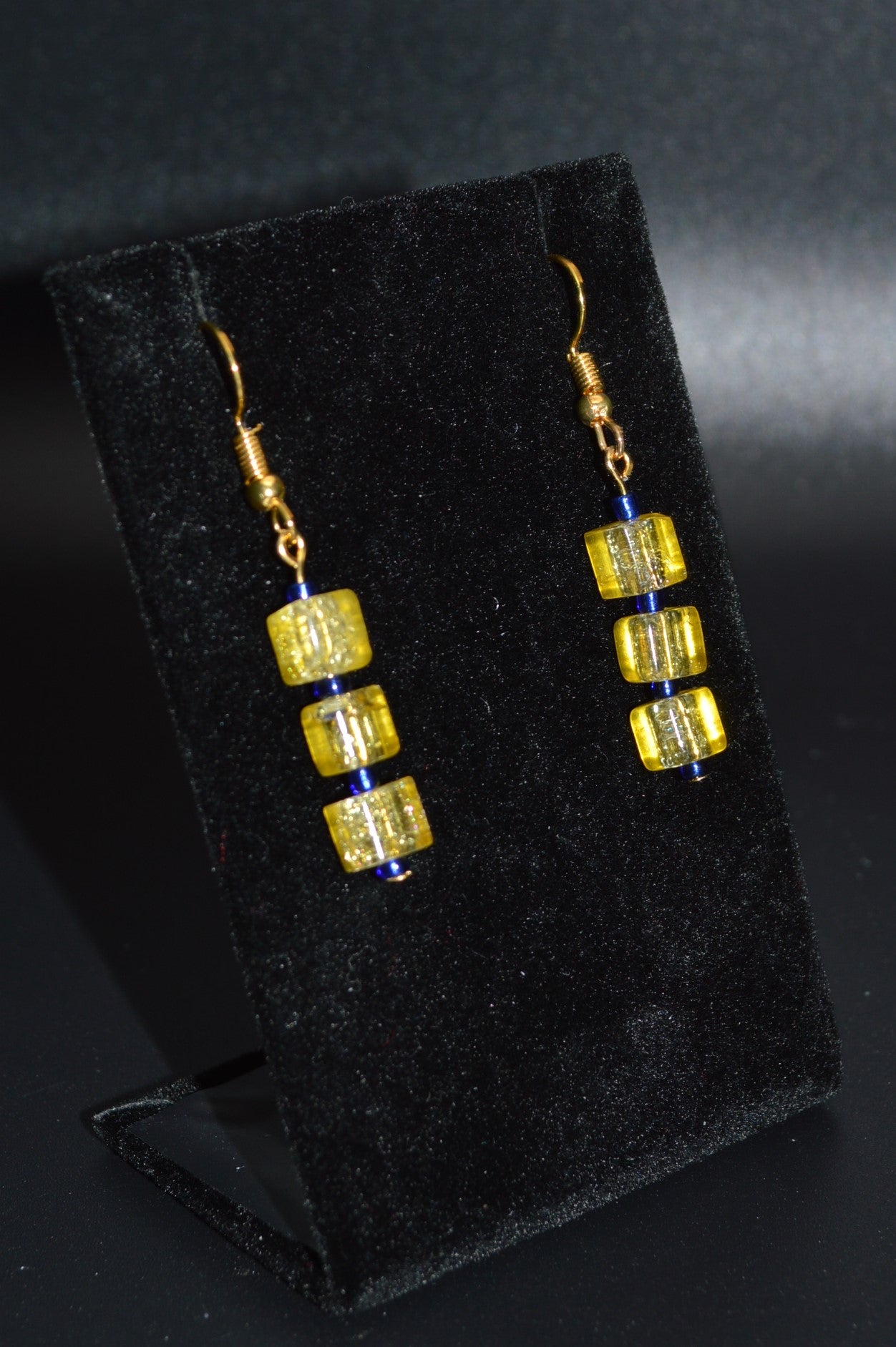 Yellow Crackled Glass Earrings with Blue Seed Beads (Long)