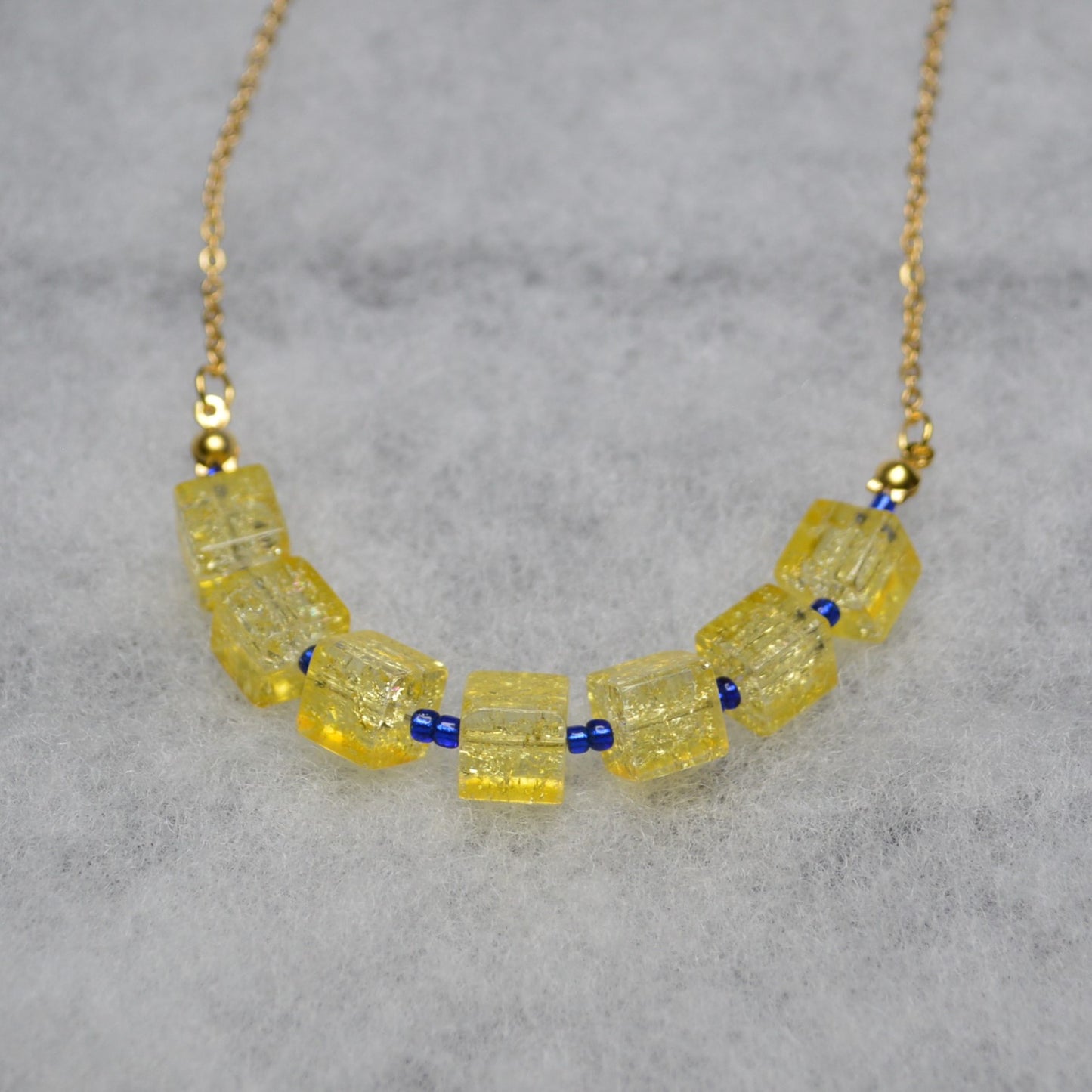 Yellow Crackled Glass Necklace with Blue Seed Beads