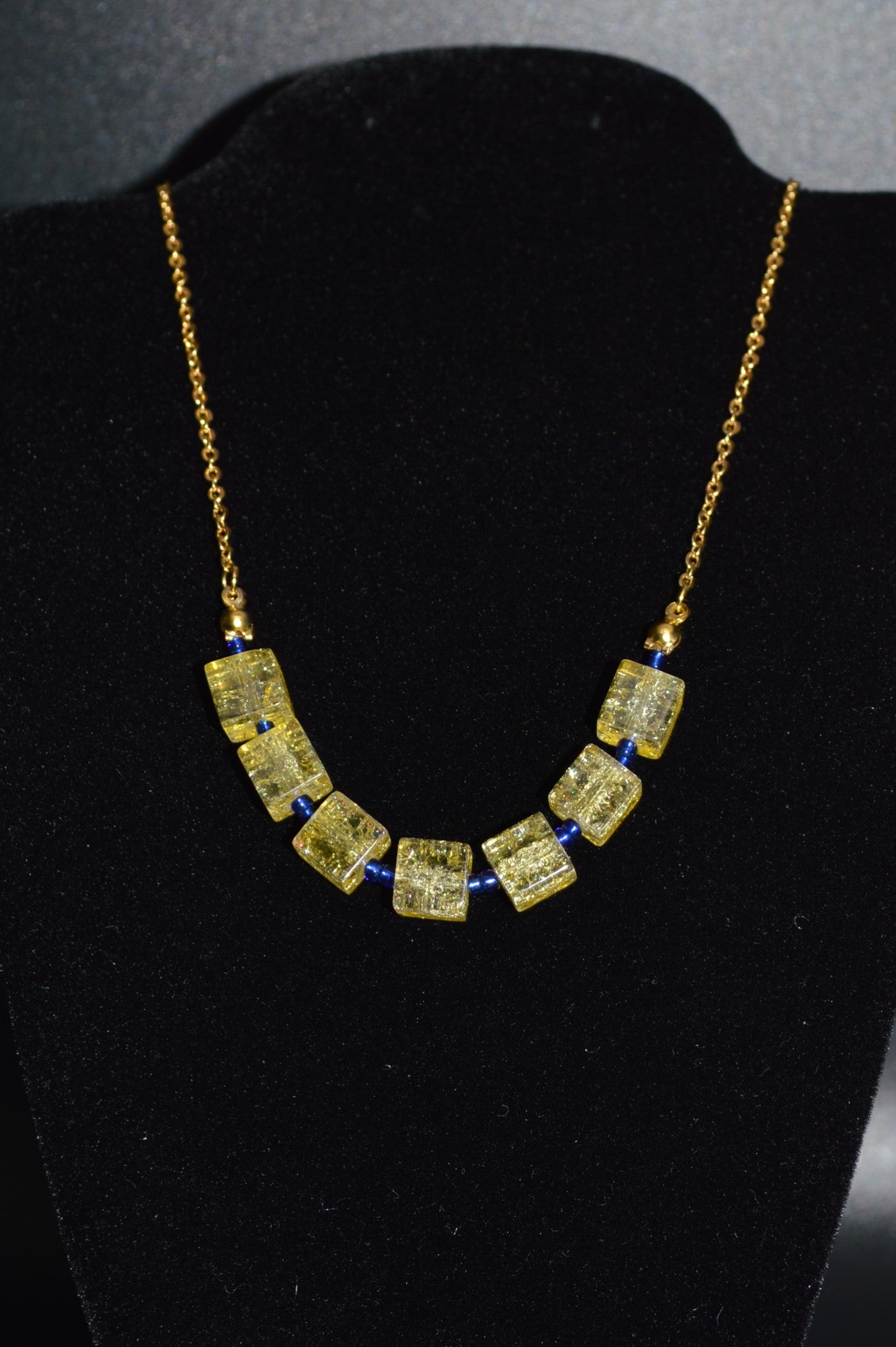 Yellow Crackled Glass Necklace with Blue Seed Beads