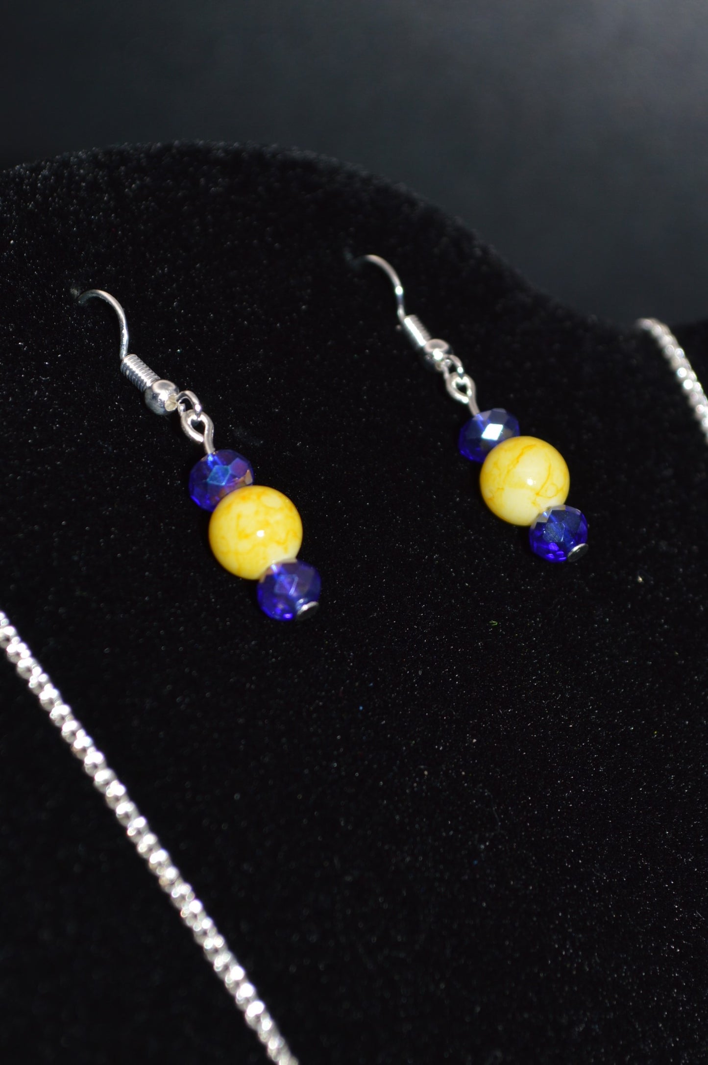 Yellow Marbled Glass and Blue Crystal Necklace and Earring Set