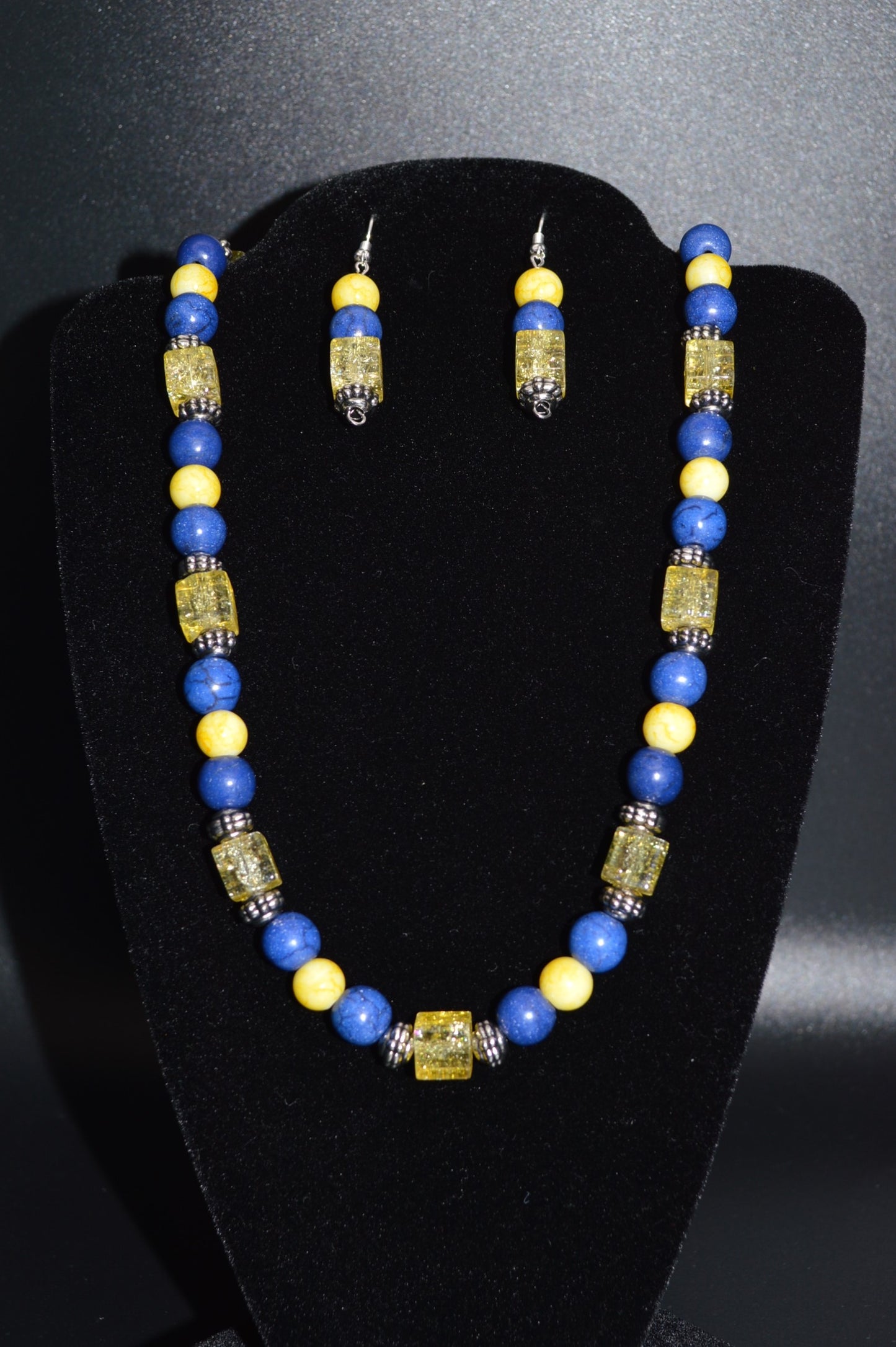 Yellow and Blue Beaded Necklace and Earring Set