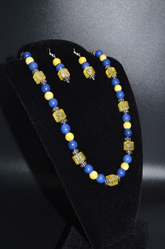 Yellow and Blue Beaded Necklace and Earring Set