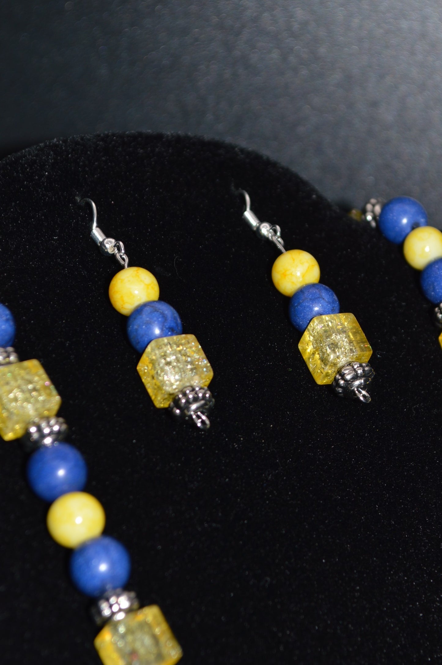 Yellow and Blue Beaded Necklace and Earring Set