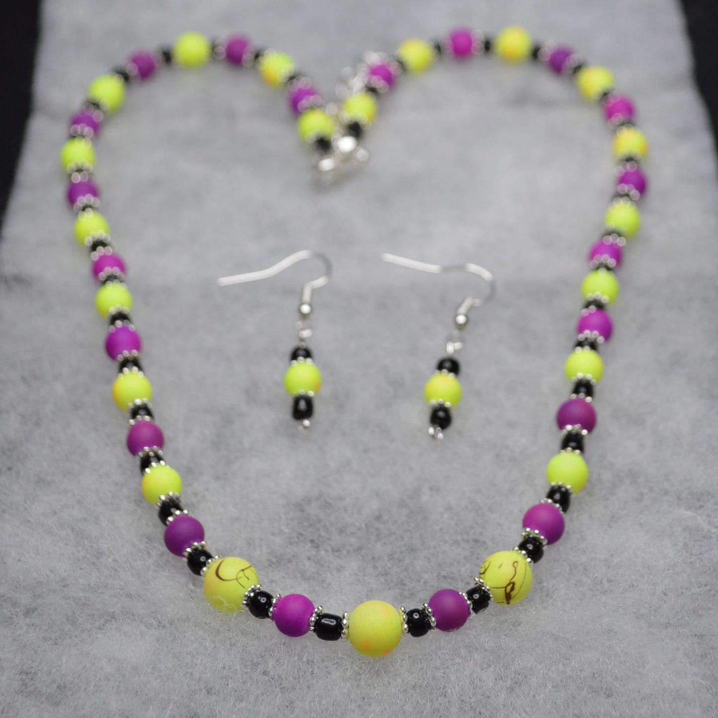 Purple and Neon Yellow Beaded Necklace and Earring Set