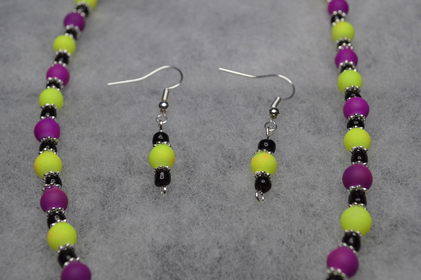 Purple and Neon Yellow Beaded Necklace and Earring Set