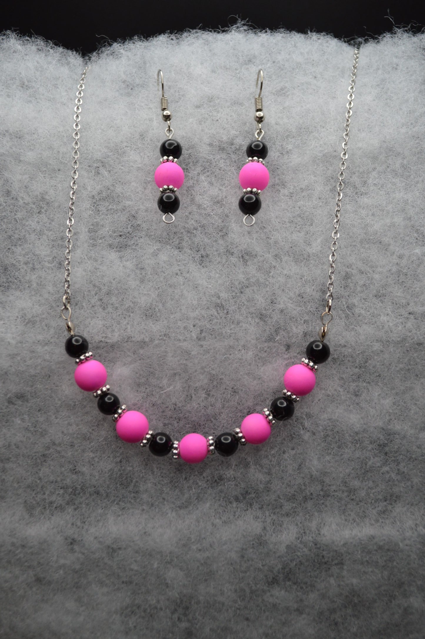 Pink and Black Beaded Necklace and Earring Set