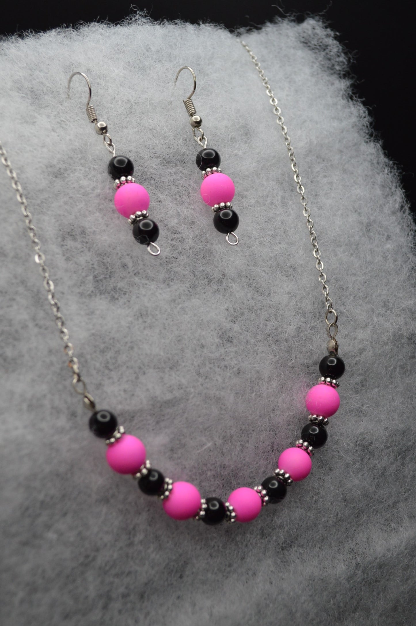 Pink and Black Beaded Necklace and Earring Set