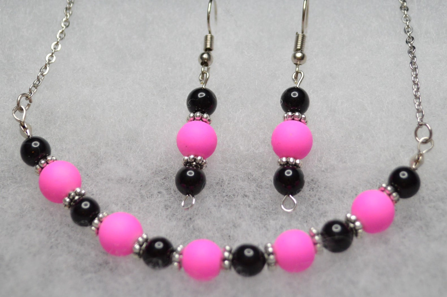 Pink and Black Beaded Necklace and Earring Set