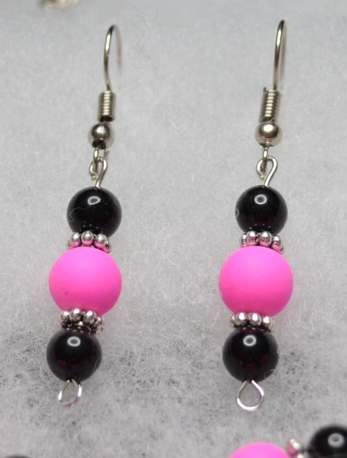 Pink and Black Beaded Necklace and Earring Set