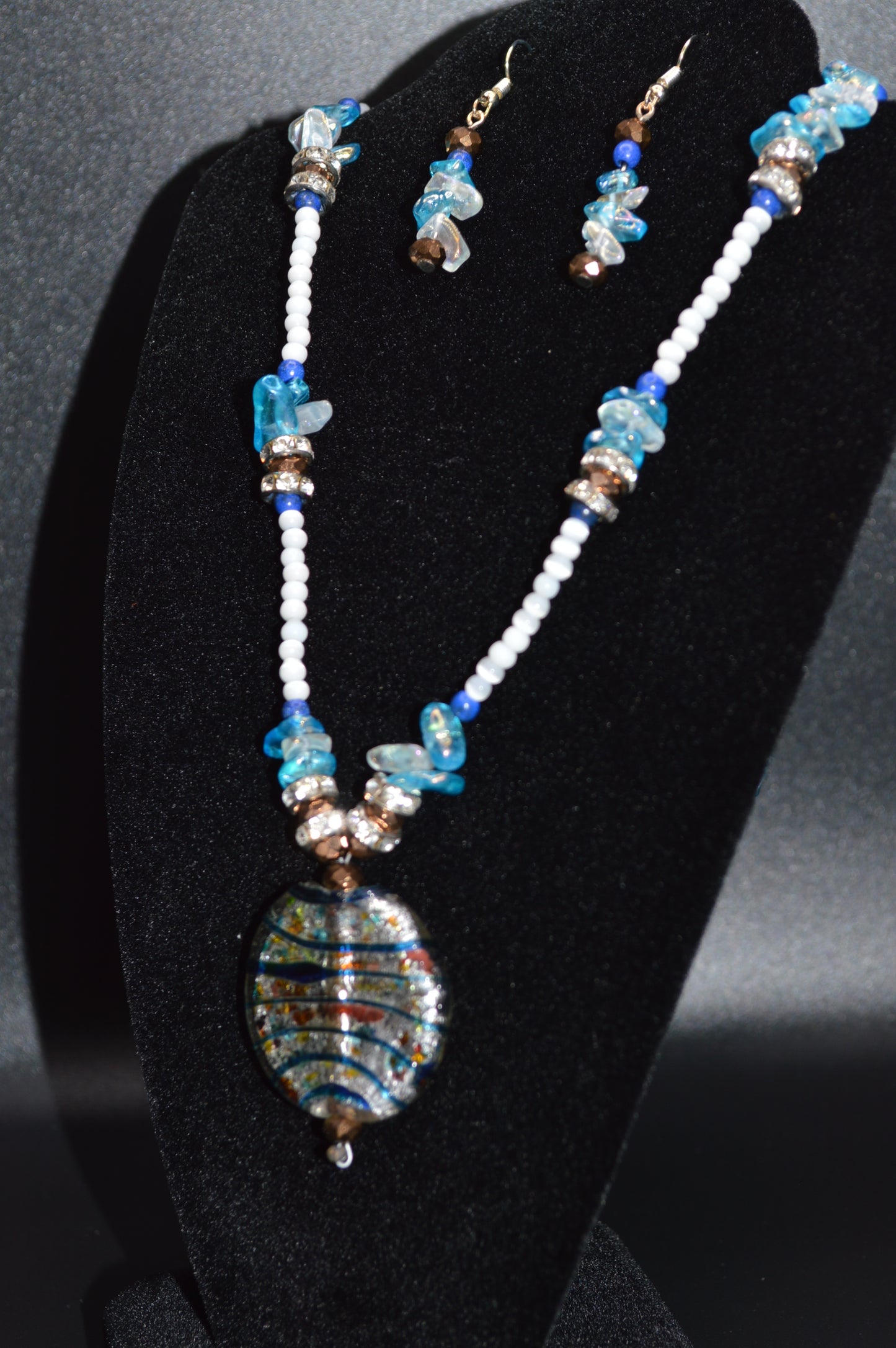 Blue and White Lampworked Glass Necklace and Earring Set