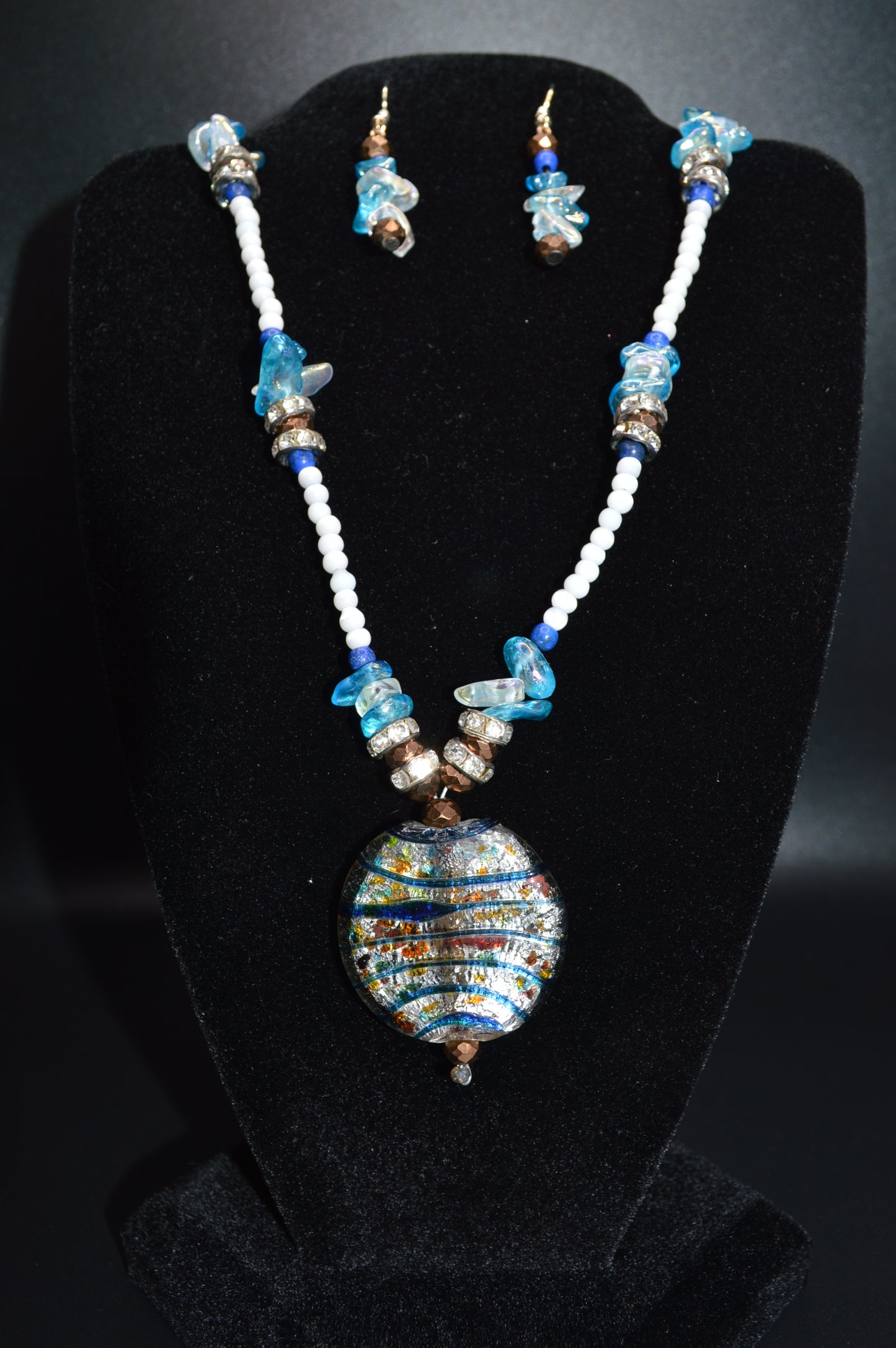 Blue and White Lampworked Glass Necklace and Earring Set
