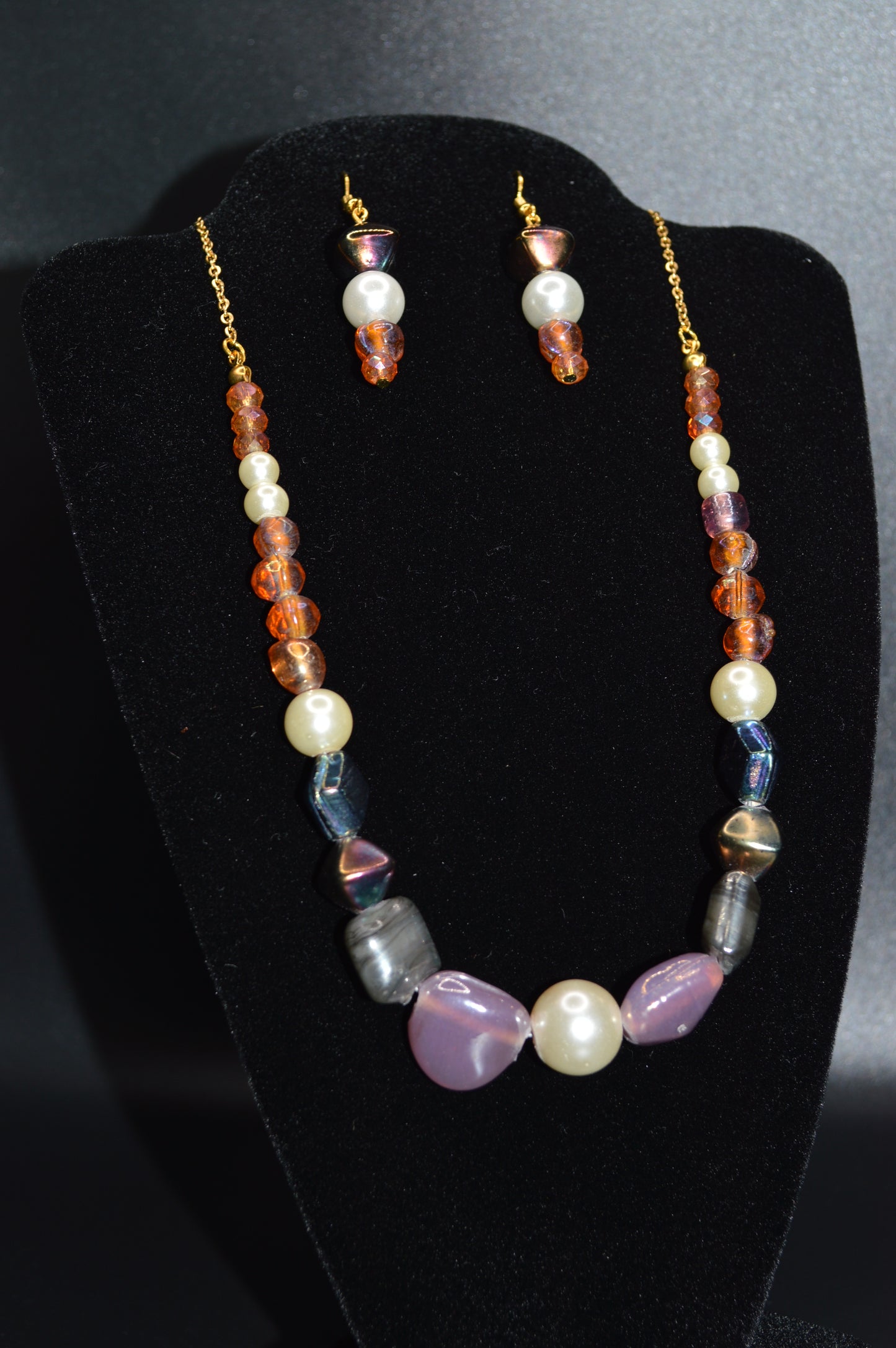 Pressed Glass and Crystal Beaded Necklace and Earring Set