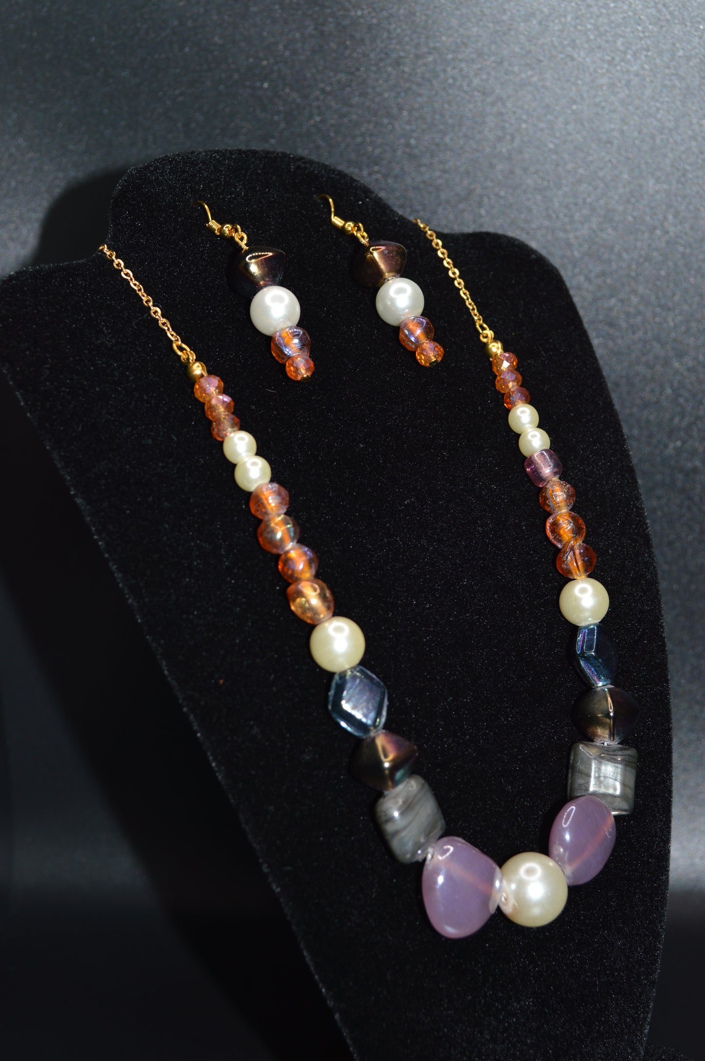 Pressed Glass and Crystal Beaded Necklace and Earring Set