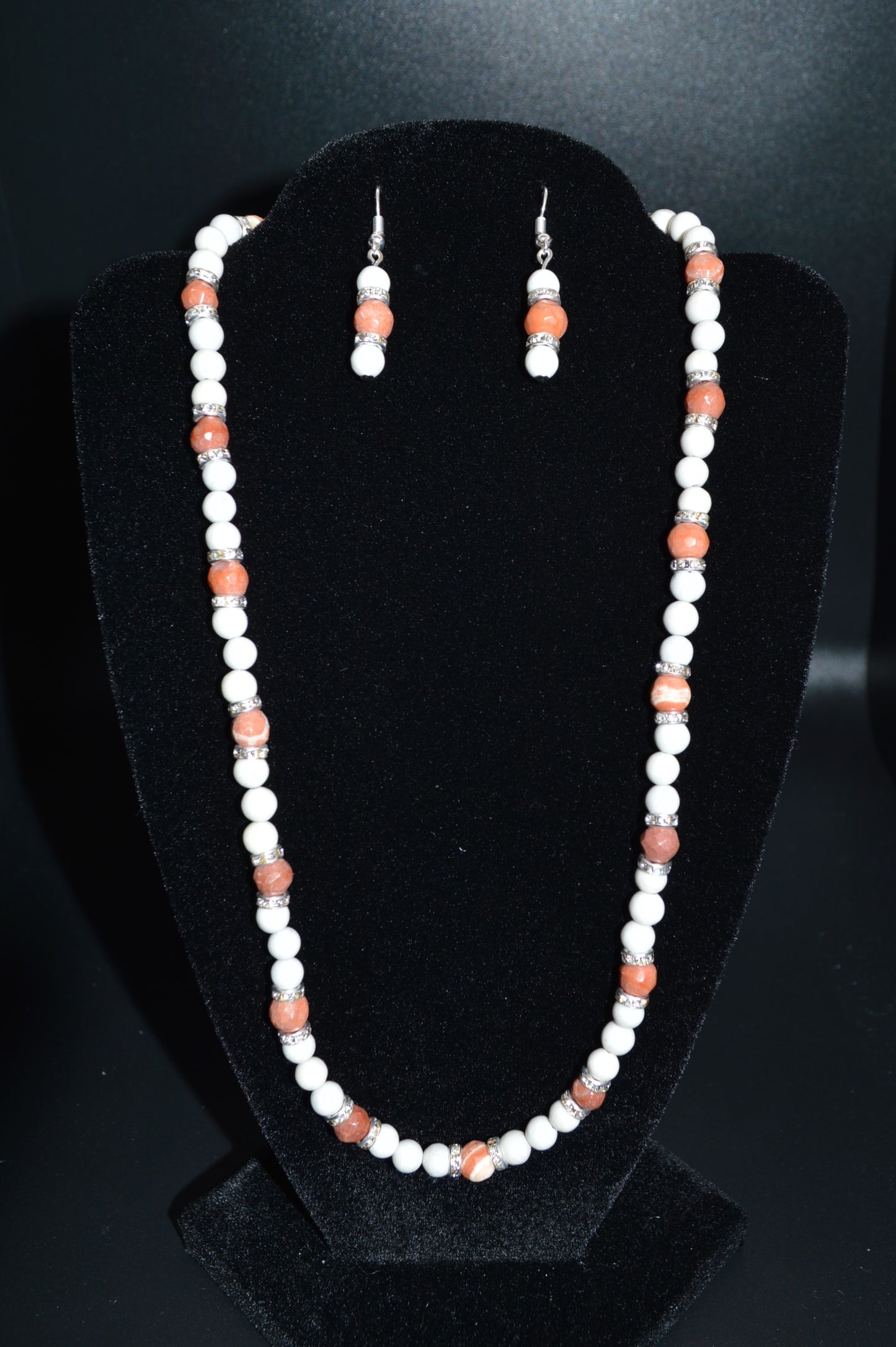 Red Italian Onyx and Black Spotted Feldspar Beaded Necklace and Earring Set