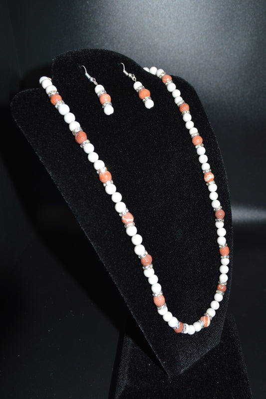 Red Italian Onyx and Black Spotted Feldspar Beaded Necklace and Earring Set
