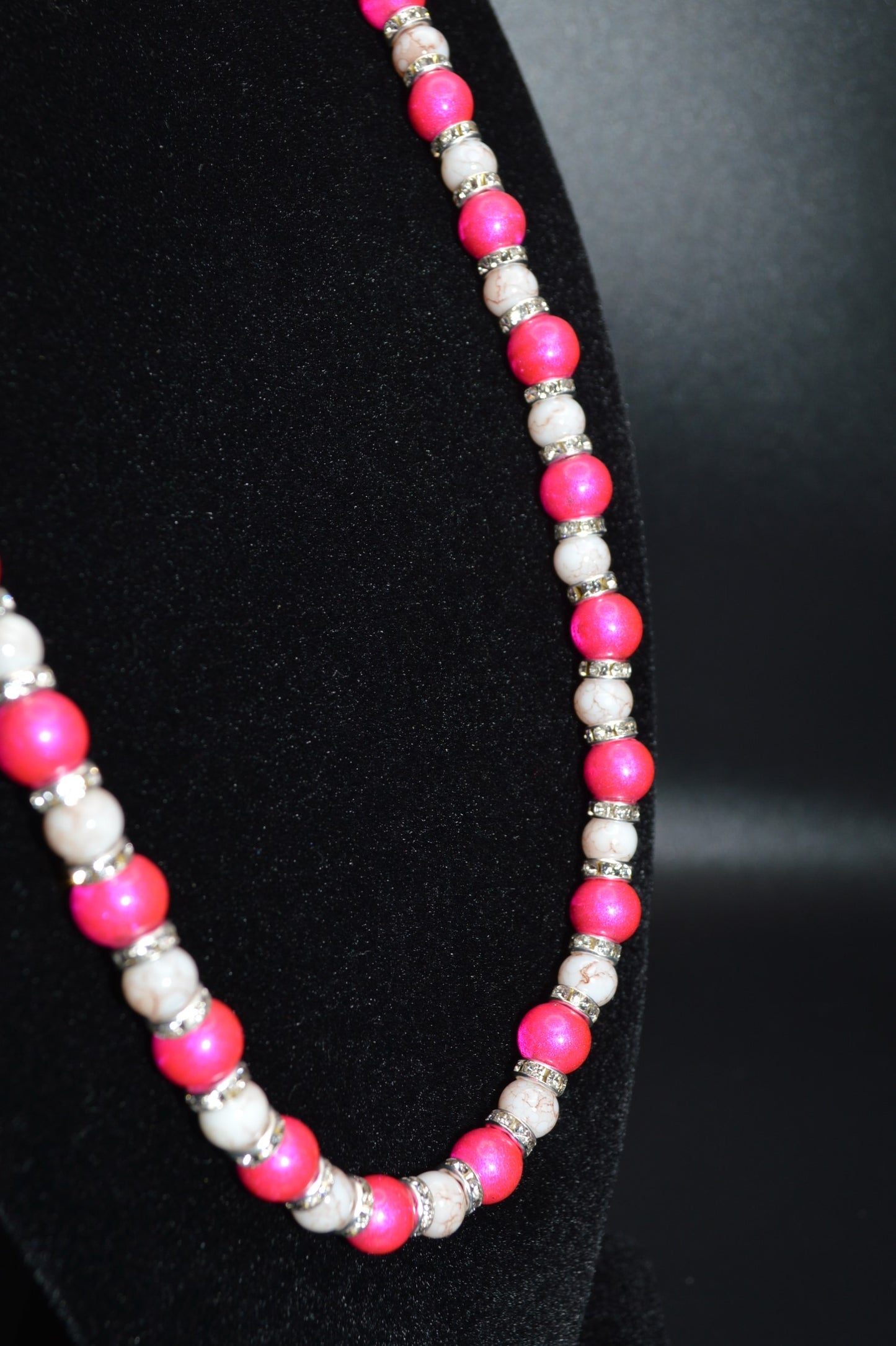 Pink Glass Pearls with Marbled Beads and Crystal Spacers Necklace and Earring Set