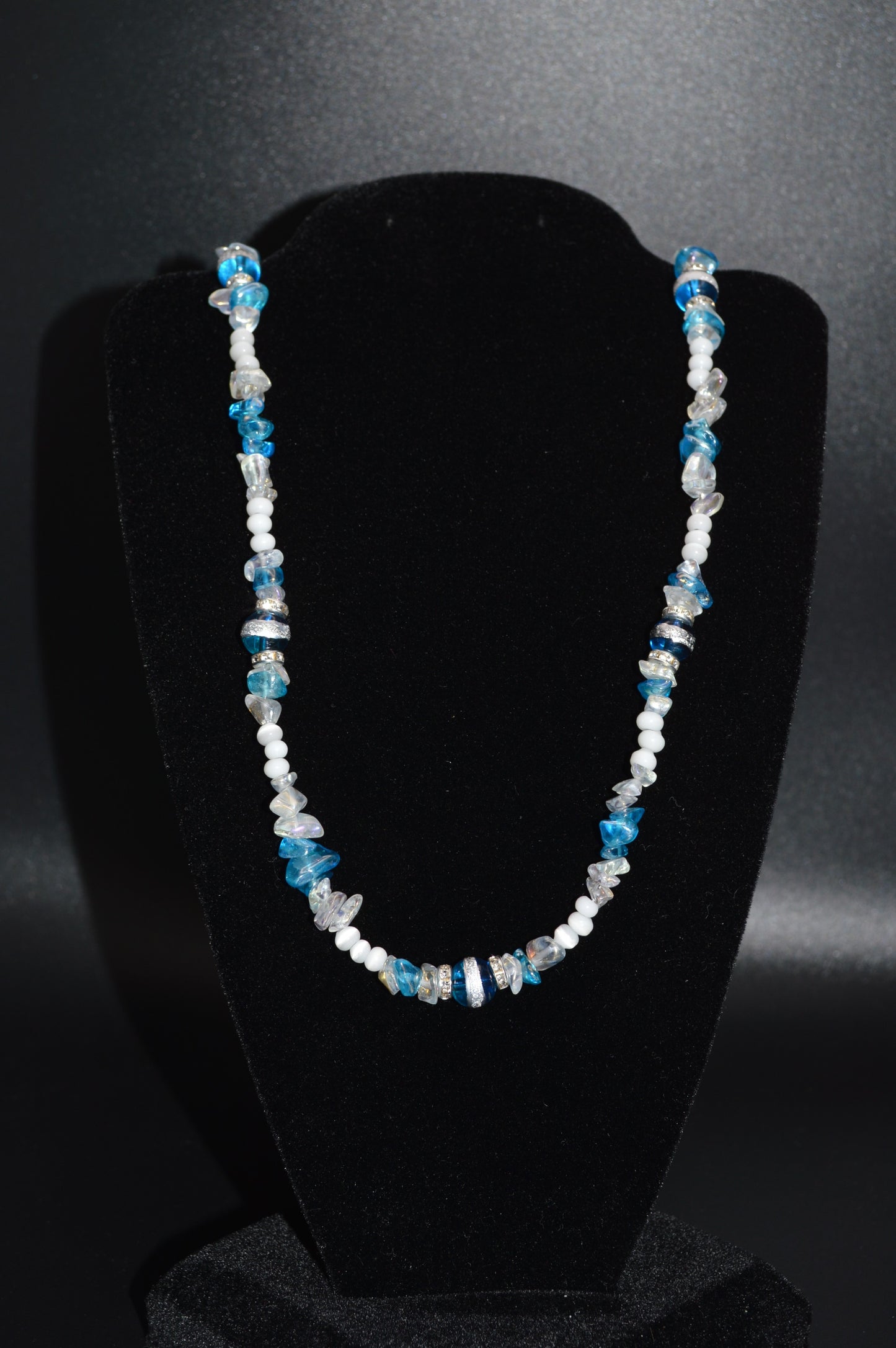 Blue Silver Striped Glass Beads with Glass Chips and Crystal Spacers Necklace