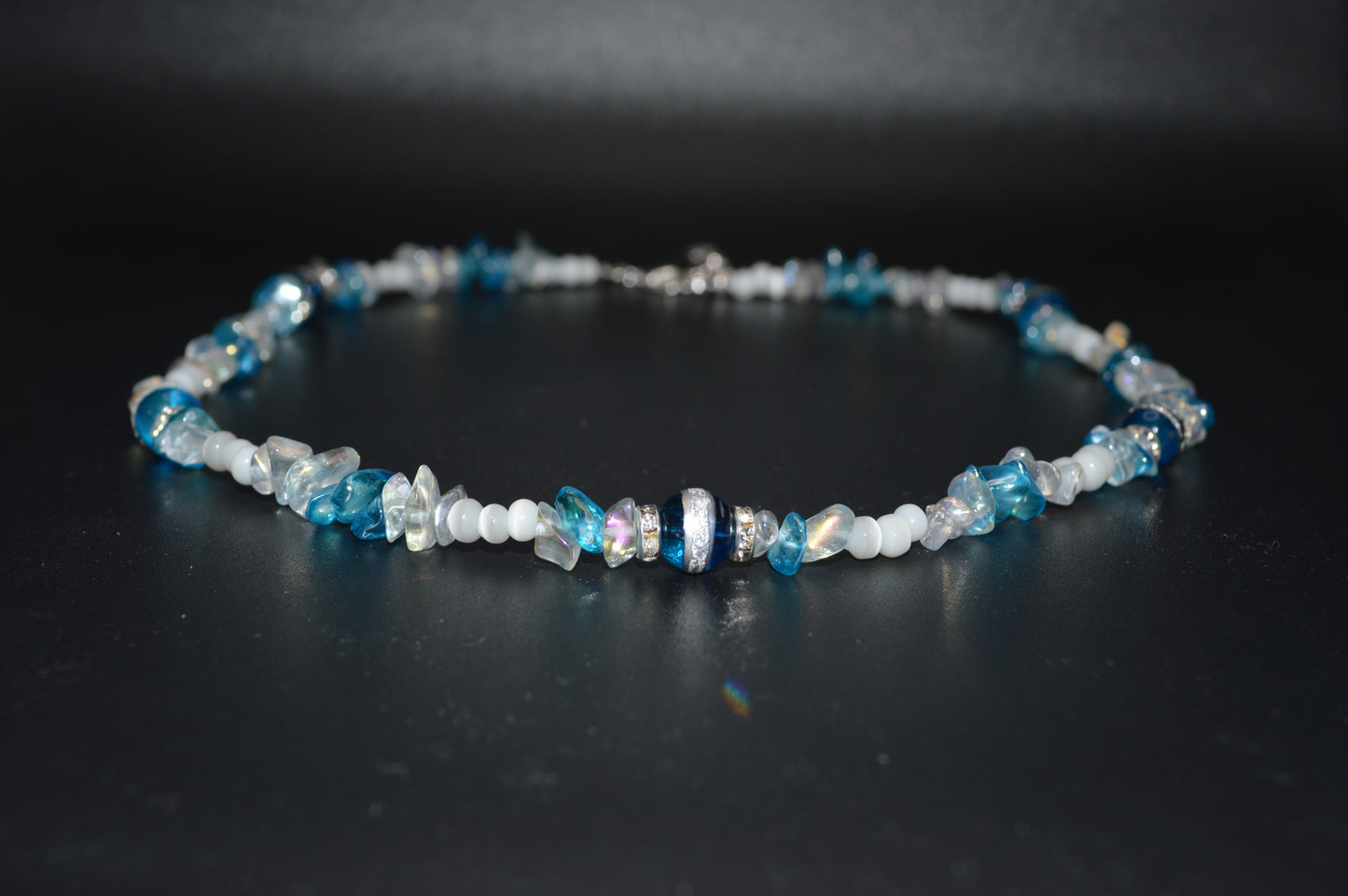 Blue Silver Striped Glass Beads with Glass Chips and Crystal Spacers Necklace