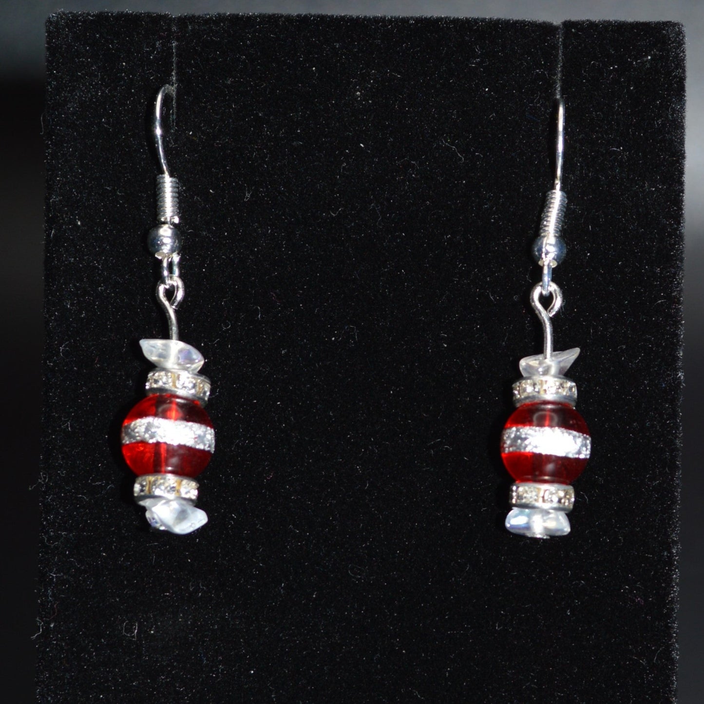 Red with a Silver Stripe and Clear Glass Chips Earrings
