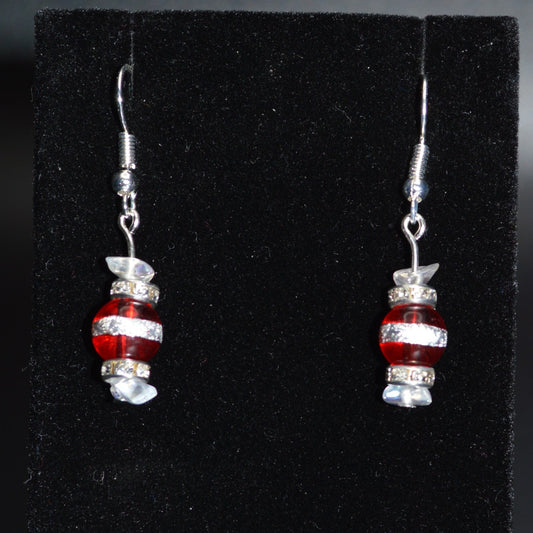 Red with a Silver Stripe and Clear Glass Chips Earrings