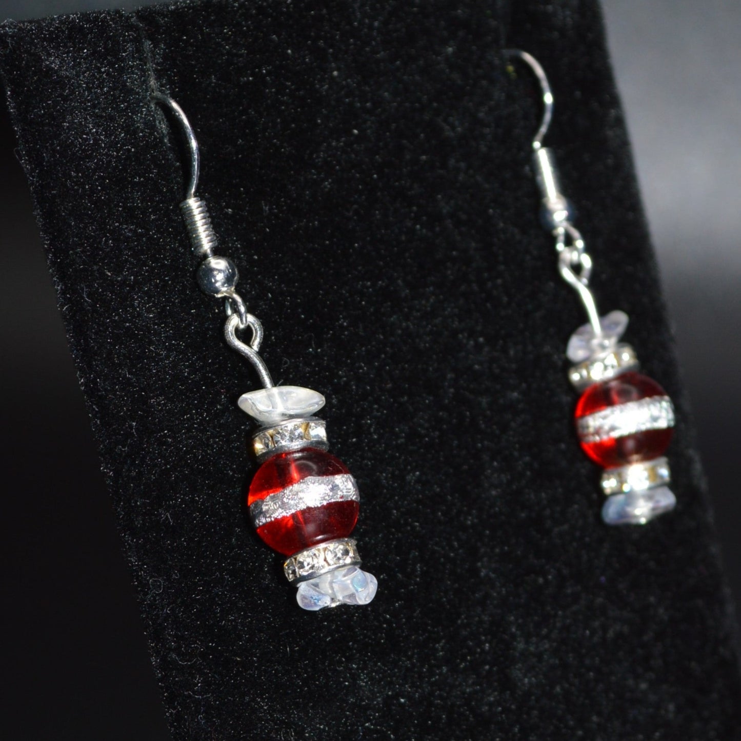 Red with a Silver Stripe and Clear Glass Chips Earrings