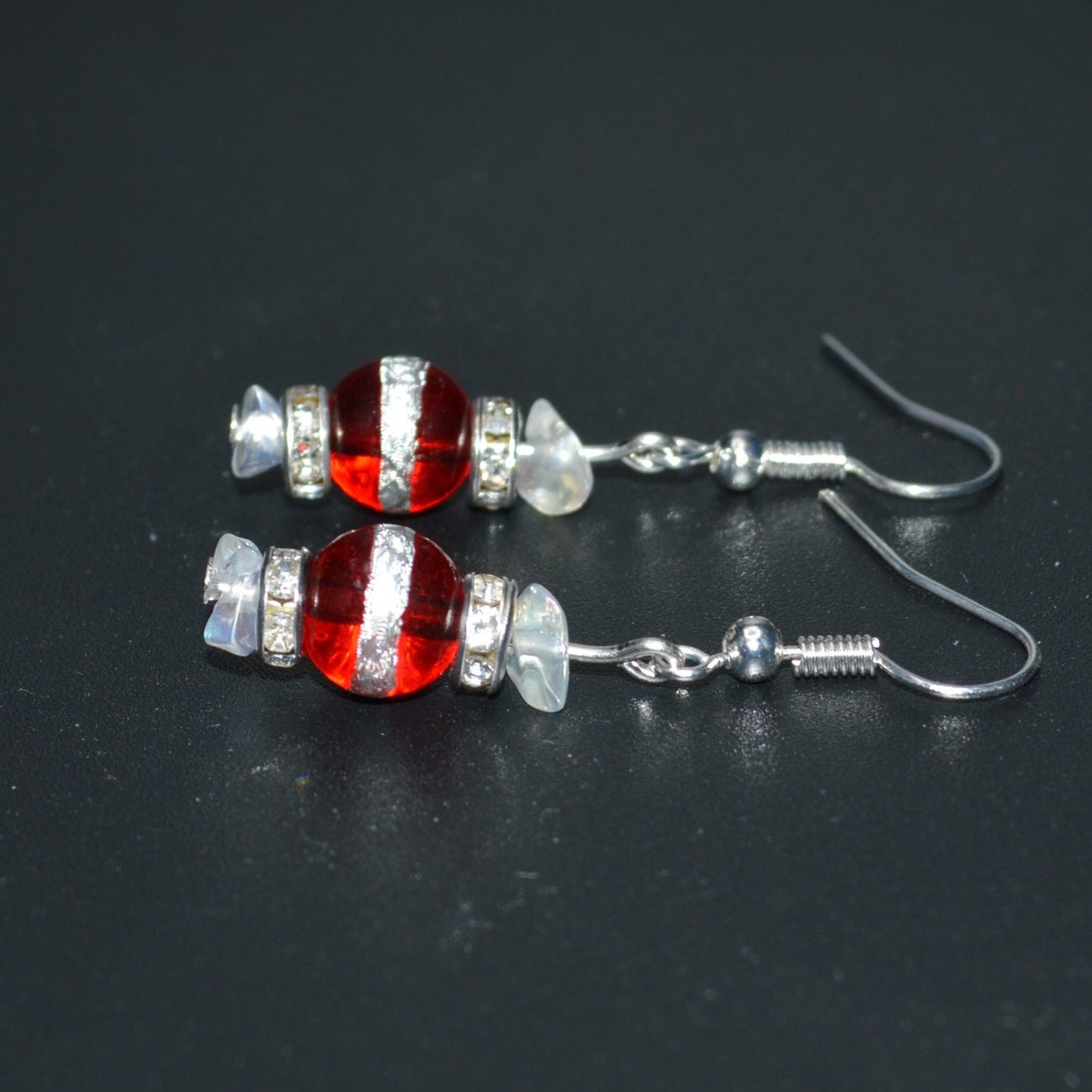 Red with a Silver Stripe and Clear Glass Chips Earrings