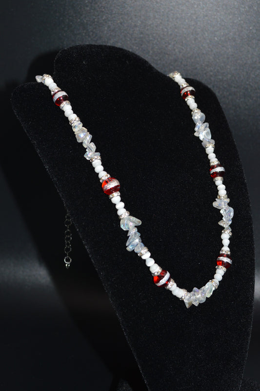 Red Silver Striped Glass Beads with Glass Chips and Crystal Spacers Necklace