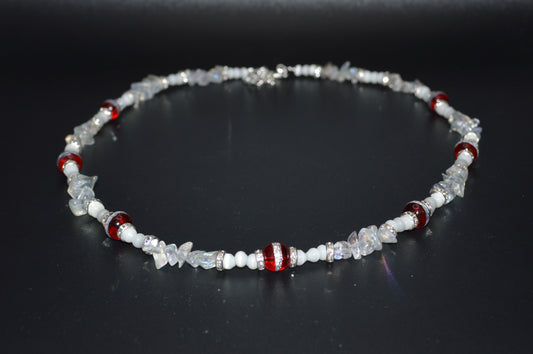 Red Silver Striped Glass Beads with Glass Chips and Crystal Spacers Necklace