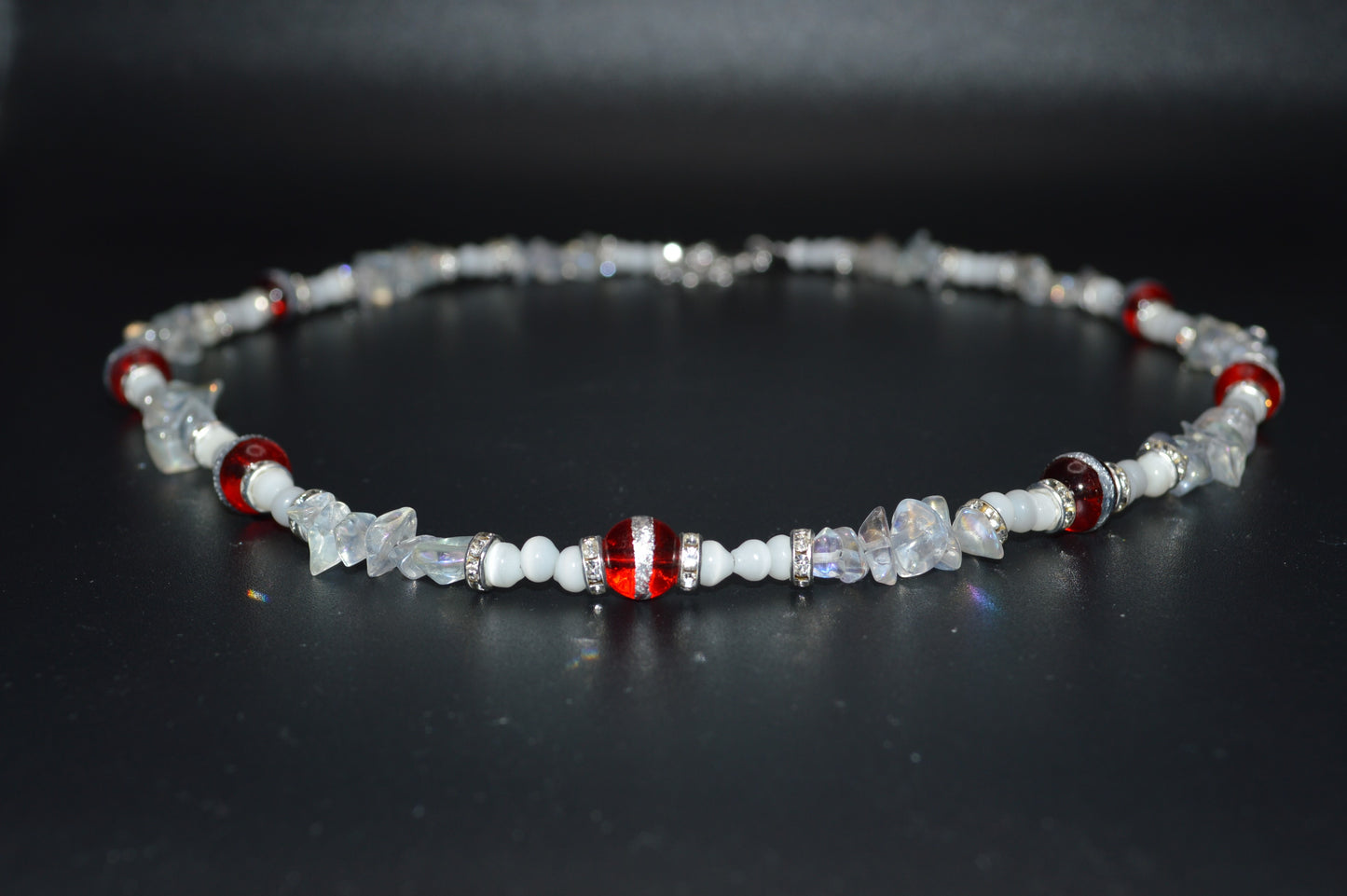 Red Silver Striped Glass Beads with Glass Chips and Crystal Spacers Necklace