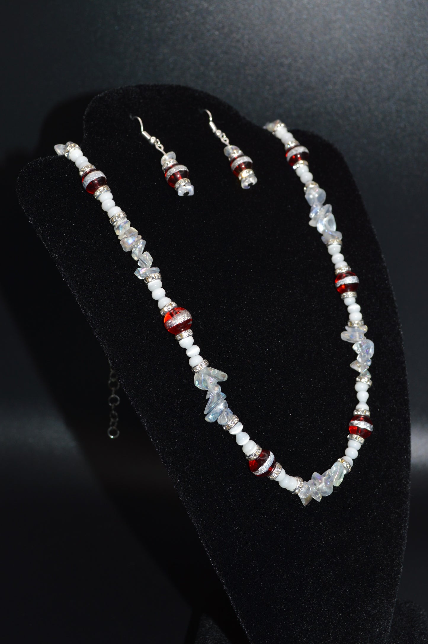 Red with a Silver Stripe and Clear Glass Chips Earrings
