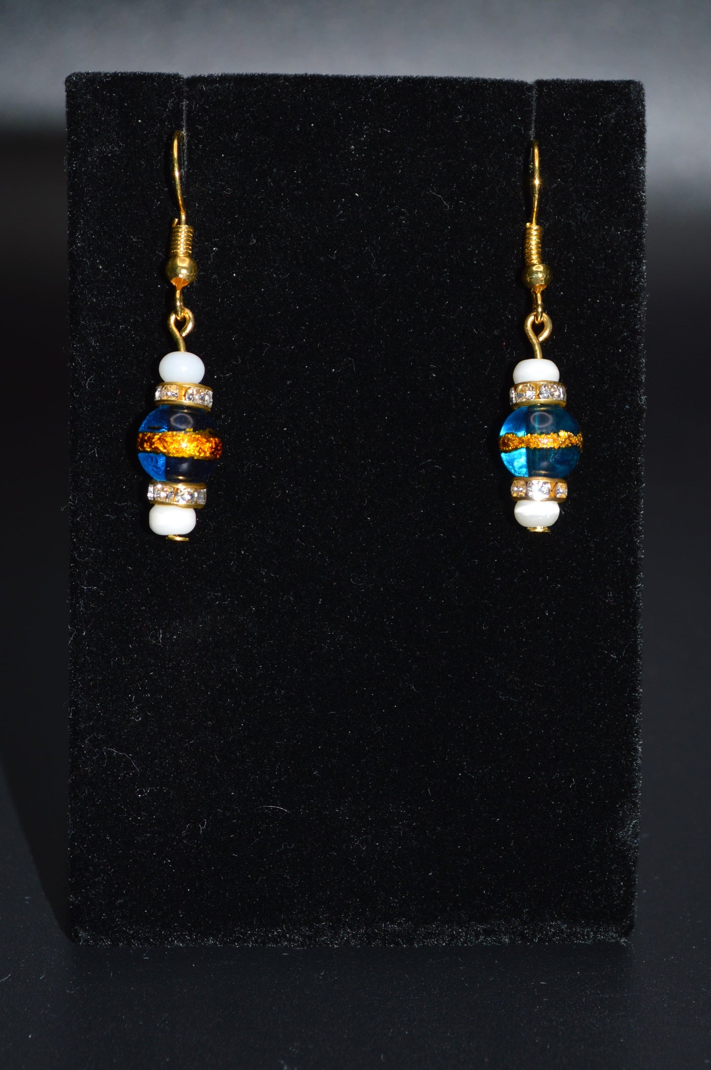 Blue with a Gold Stripe, Cat's Eye Glass and Crystal Earrings