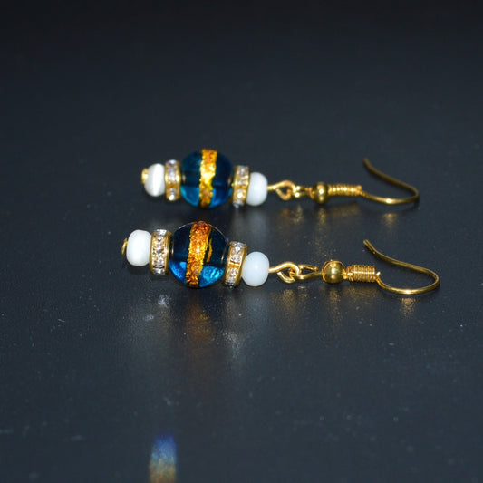Blue with a Gold Stripe, Cat's Eye Glass and Crystal Earrings