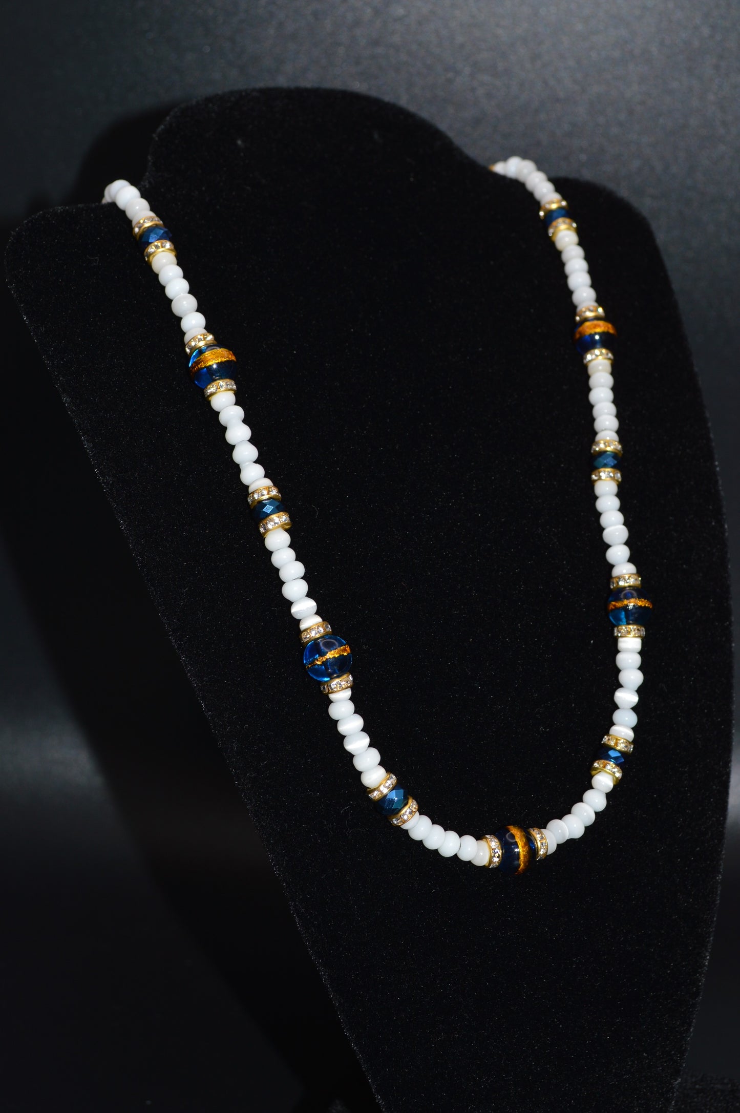 Blue Gold Striped Glass Beads with Cat's Eye Glass Beads and Crystals Necklace