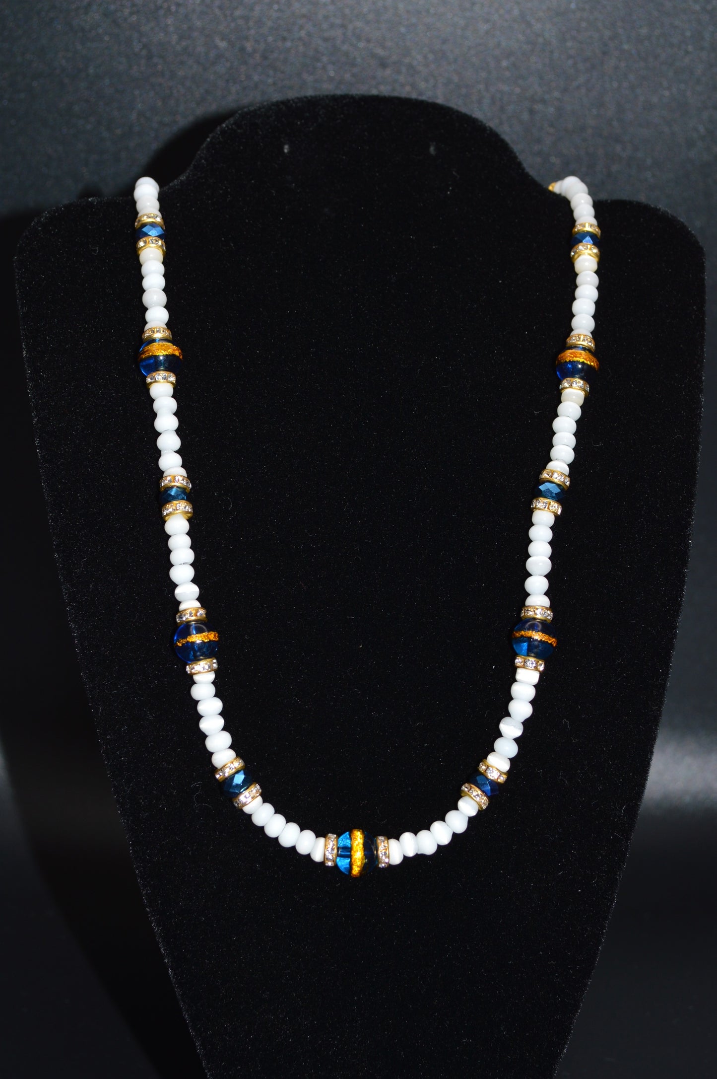 Blue Gold Striped Glass Beads with Cat's Eye Glass Beads and Crystals Necklace