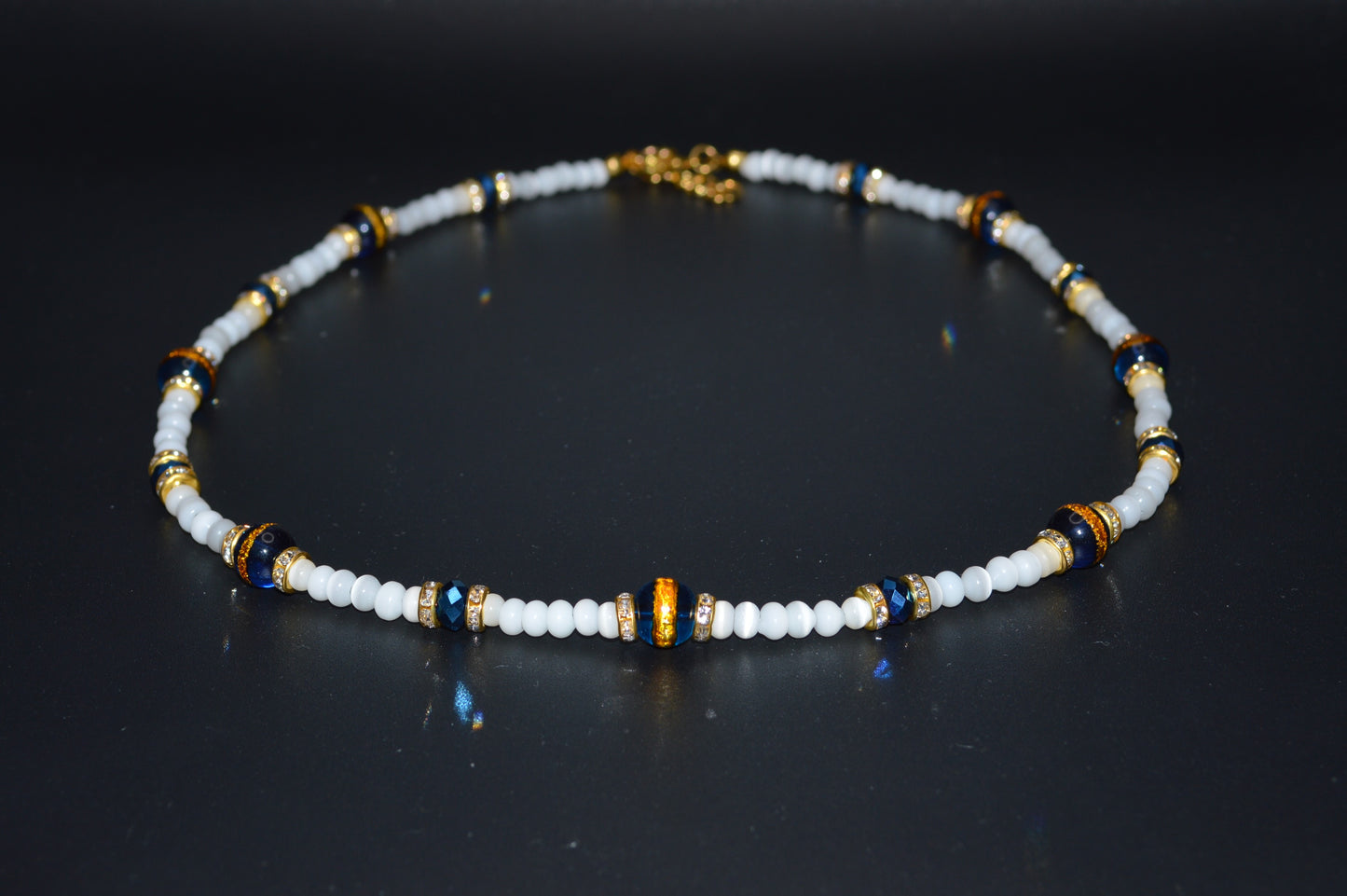 Blue Gold Striped Glass Beads with Cat's Eye Glass Beads and Crystals Necklace