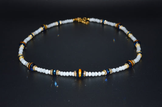 Blue Gold Striped Glass Beads with Cat's Eye Glass Beads and Crystals Necklace