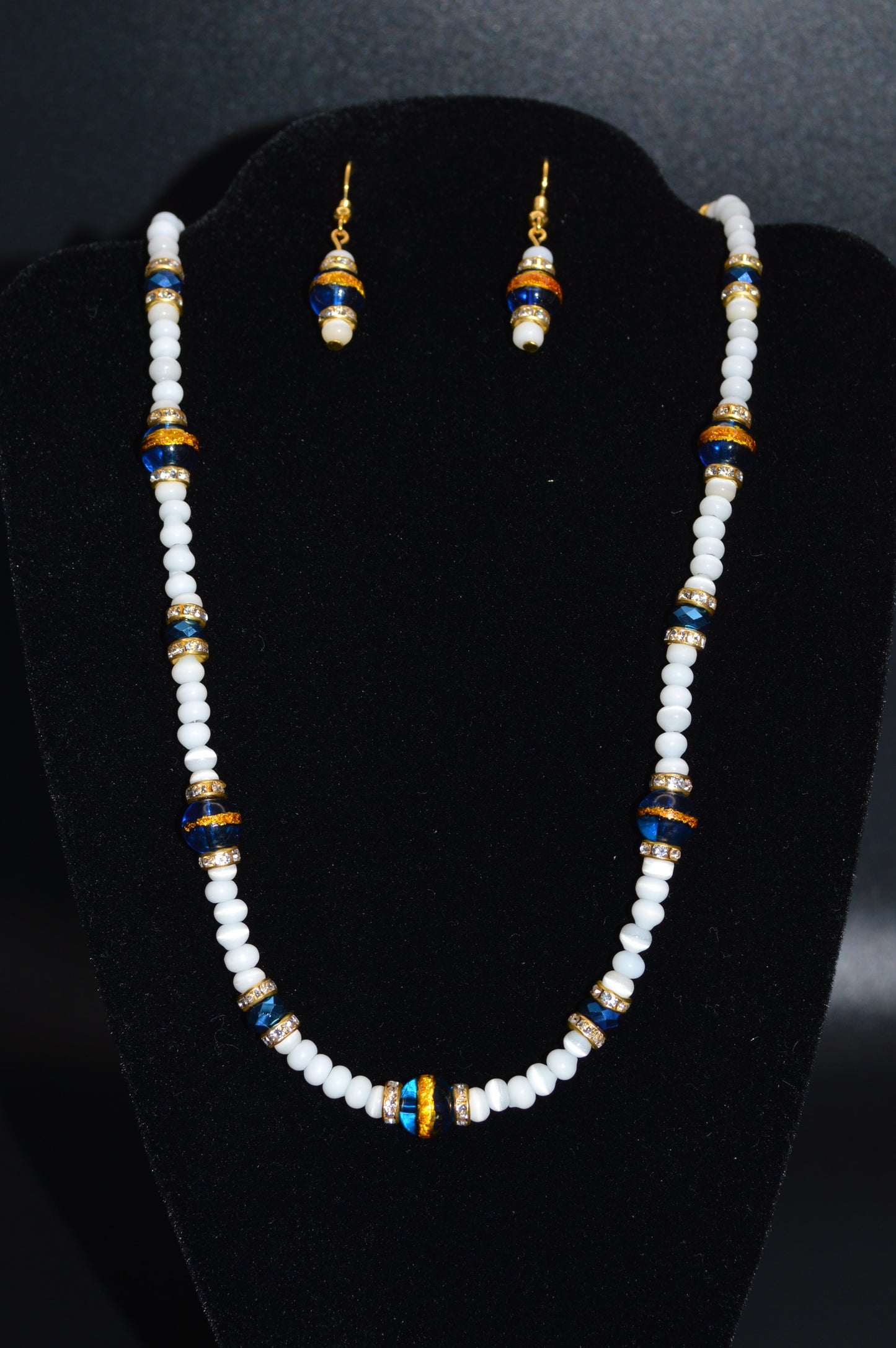 Blue Gold Striped Glass Beads with Cat's Eye Glass Beads and Crystals Necklace
