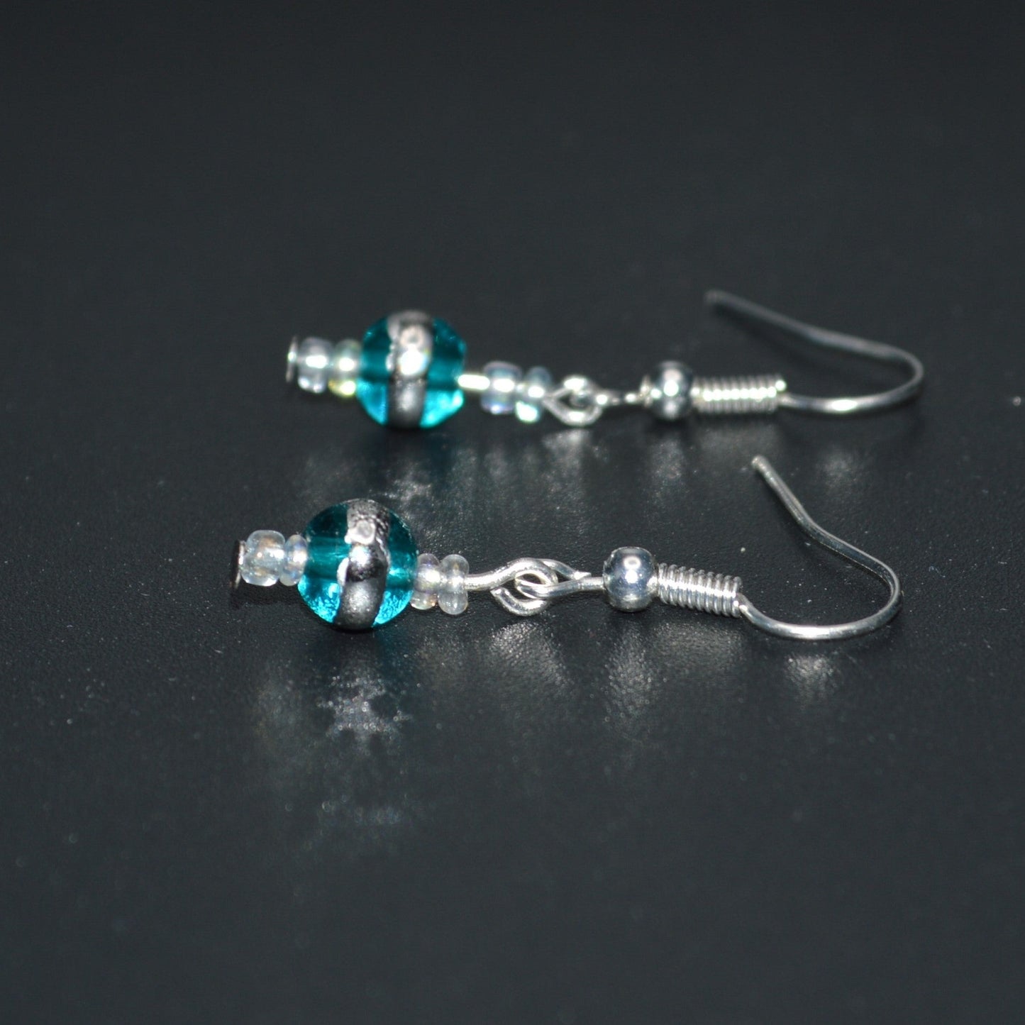 Aqua Silver Striped Glass Beads and Seed Bead Earrings
